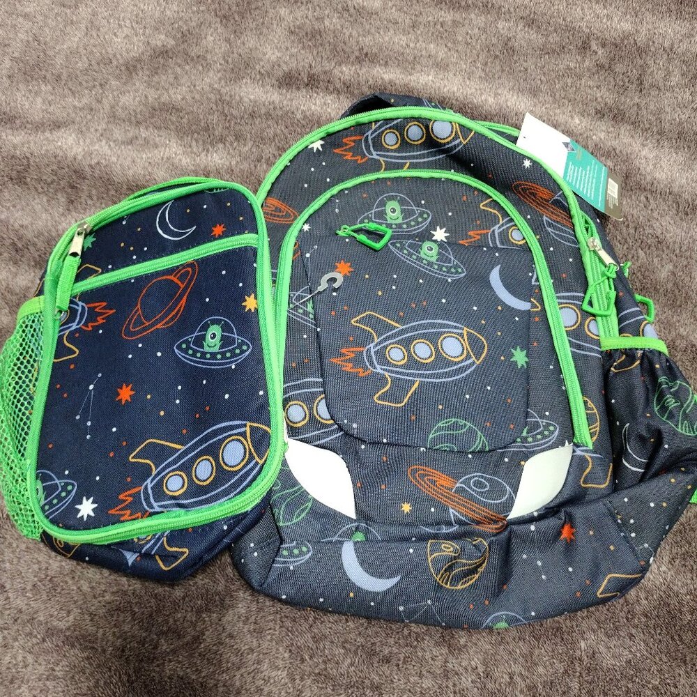 CRCKT Kids 2 Piece Backpack Set W Lunch Bag , Space Rocket Pattern New